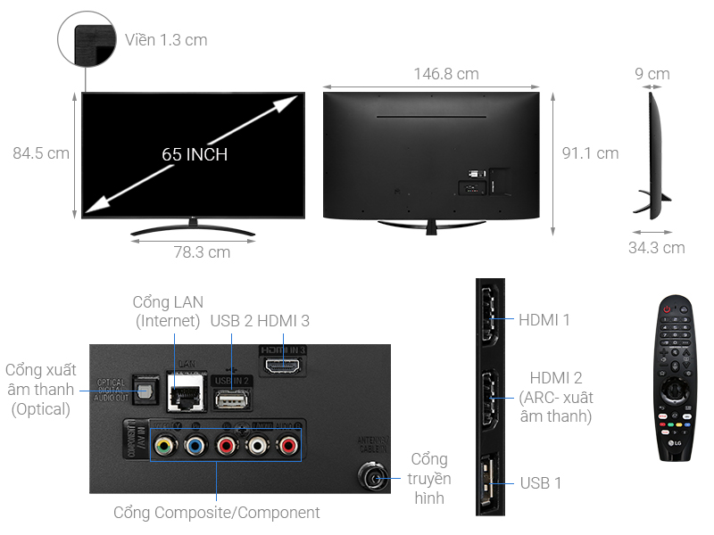Thông số kỹ thuật Smart Tivi LG 4K 65 inch 65UM7400PTA